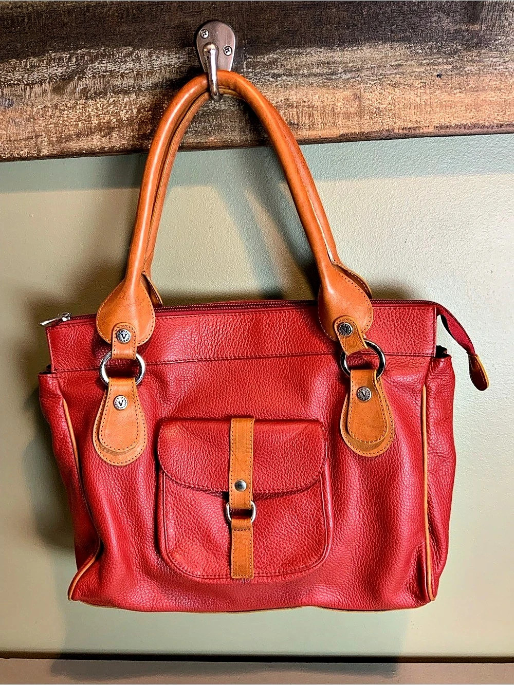 Valentina Leather Tote Bag in Red & Brown